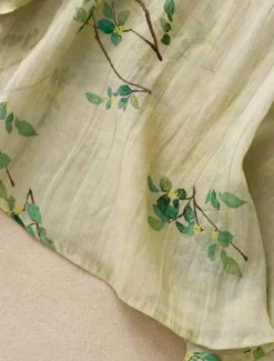 Women's Cotton Linen Shirts Floral Casual 3/4 Length Sleeve Crew Neck Regular Tops Daily Buttons Print Yellow Pink Green Summer