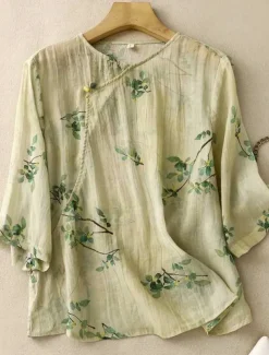 Women's Cotton Linen Shirts Floral Casual 3/4 Length Sleeve Crew Neck Regular Tops Daily Buttons Print Yellow Pink Green Summer