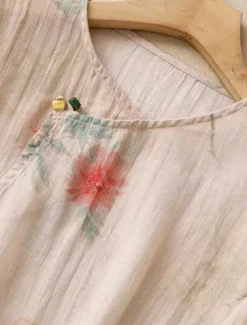 Women's Cotton Linen Shirts Floral Casual 3/4 Length Sleeve Crew Neck Regular Tops Daily Buttons Print Yellow Pink Green Summer