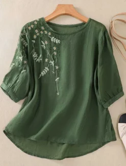 Women's Cotton Linen Shirts Solid Color Basic Casual 3/4 Length Sleeve Crew Neck Regular Tops Daily Embroidered Yellow Purple Green Gray Summer