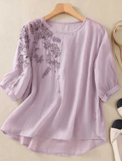 Women's Cotton Linen Shirts Solid Color Basic Casual 3/4 Length Sleeve Crew Neck Regular Tops Daily Embroidered Yellow Purple Green Gray Summer