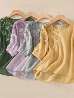 Women's Cotton Linen Shirts Solid Color Basic Casual 3/4 Length Sleeve Crew Neck Regular Tops Daily Embroidered Yellow Purple Green Gray Summer