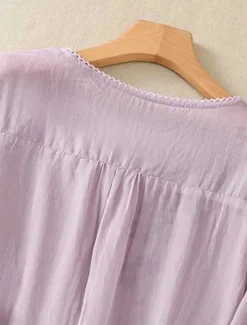 Women's Cotton Linen Shirts Solid Color Basic Casual 3/4 Length Sleeve Crew Neck Regular Tops Daily Embroidered Yellow Purple Green Gray Summer