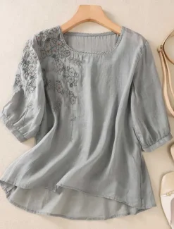 Women's Cotton Linen Shirts Solid Color Basic Casual 3/4 Length Sleeve Crew Neck Regular Tops Daily Embroidered Yellow Purple Green Gray Summer