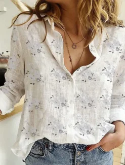 Women's Cotton Linen Shirt Floral Daily Casual Long Sleeve Shirt Collar Regular Tops Daily Buttons Print White Yellow Blue Summer