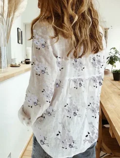 Women's Cotton Linen Shirt Floral Daily Casual Long Sleeve Shirt Collar Regular Tops Daily Buttons Print White Yellow Blue Summer