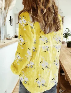 Women's Cotton Linen Shirt Floral Daily Casual Long Sleeve Shirt Collar Regular Tops Daily Buttons Print White Yellow Blue Summer