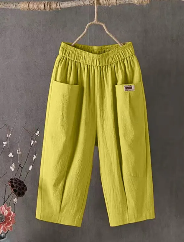 Women's Cotton Linen Shorts Linen-Inspired Pants Cotton Linen Pants Active Simple Casual Calf-Length High Waist Plain Pocket Comfy Breathability Soft Micro-elastic Vacation Weekend Black White Yellow