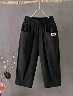 Women's Cotton Linen Shorts Linen-Inspired Pants Cotton Linen Pants Active Simple Casual Calf-Length High Waist Plain Pocket Comfy Breathability Soft Micro-elastic Vacation Weekend Black White Yellow