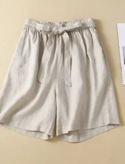Women's Cotton Linen Shorts Shorts Slacks Casual Short Natural Plain Pocket Elastic Waist Outdoor Comfortable Vacation Holiday Apricot Black White Blue Summer Regular Fit