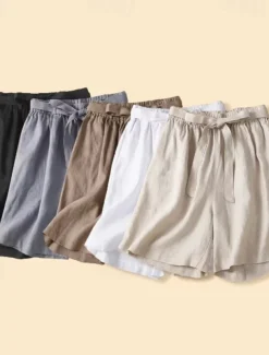 Women's Cotton Linen Shorts Shorts Slacks Casual Short Natural Plain Pocket Elastic Waist Outdoor Comfortable Vacation Holiday Apricot Black White Blue Summer Regular Fit