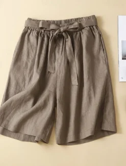 Women's Cotton Linen Shorts Shorts Slacks Casual Short Natural Plain Pocket Elastic Waist Outdoor Comfortable Vacation Holiday Apricot Black White Blue Summer Regular Fit