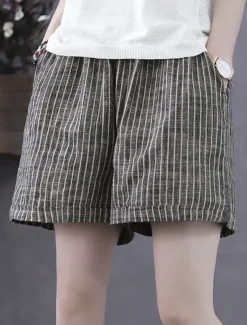 Women's Cotton Linen Shorts Bermuda shorts Fashion Basic Casual Short High Waist Striped Side Pockets Baggy Comfort Inelastic Vacation Street Casual Daily Grey Regular Fit