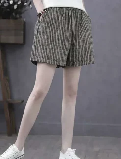 Women's Cotton Linen Shorts Bermuda shorts Fashion Basic Casual Short High Waist Striped Side Pockets Baggy Comfort Inelastic Vacation Street Casual Daily Grey Regular Fit