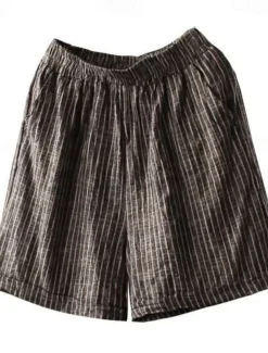 Women's Cotton Linen Shorts Bermuda shorts Fashion Basic Casual Short High Waist Striped Side Pockets Baggy Comfort Inelastic Vacation Street Casual Daily Grey Regular Fit