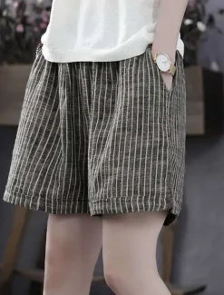 Women's Cotton Linen Shorts Bermuda shorts Fashion Basic Casual Short High Waist Striped Side Pockets Baggy Comfort Inelastic Vacation Street Casual Daily Grey Regular Fit