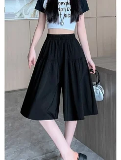 Women's Cotton Linen Shorts Wide Leg Shorts Fashion Streetwear Knee Length Natural Plain Pocket Elastic Waist Breathability Comfortable Micro-elastic Vacation Street Black Khaki Beige Summer Regular