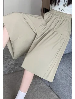 Women's Cotton Linen Shorts Wide Leg Shorts Fashion Streetwear Knee Length Natural Plain Pocket Elastic Waist Breathability Comfortable Micro-elastic Vacation Street Black Khaki Beige Summer Regular