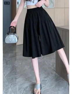 Women's Cotton Linen Shorts Wide Leg Shorts Fashion Streetwear Knee Length Natural Plain Pocket Elastic Waist Breathability Comfortable Micro-elastic Vacation Street Black Khaki Beige Summer Regular