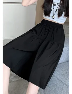 Women's Cotton Linen Shorts Wide Leg Shorts Fashion Streetwear Knee Length Natural Plain Pocket Elastic Waist Breathability Comfortable Micro-elastic Vacation Street Black Khaki Beige Summer Regular