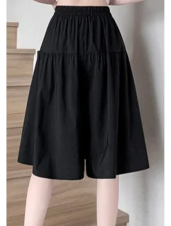 Women's Cotton Linen Shorts Wide Leg Shorts Fashion Streetwear Knee Length Natural Plain Pocket Elastic Waist Breathability Comfortable Micro-elastic Vacation Street Black Khaki Beige Summer Regular