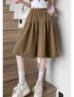 Women's Cotton Linen Shorts Wide Leg Shorts Fashion Streetwear Knee Length Natural Plain Pocket Elastic Waist Breathability Comfortable Micro-elastic Vacation Street Black Khaki Beige Summer Regular