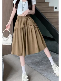Women's Cotton Linen Shorts Wide Leg Shorts Fashion Streetwear Knee Length Natural Plain Pocket Elastic Waist Breathability Comfortable Micro-elastic Vacation Street Black Khaki Beige Summer Regular