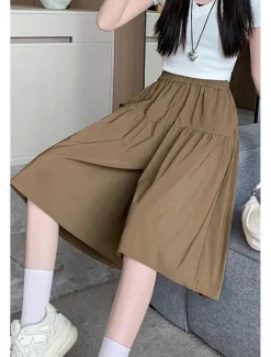 Women's Cotton Linen Shorts Wide Leg Shorts Fashion Streetwear Knee Length Natural Plain Pocket Elastic Waist Breathability Comfortable Micro-elastic Vacation Street Black Khaki Beige Summer Regular