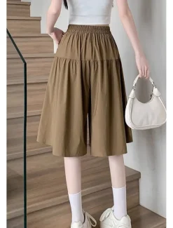 Women's Cotton Linen Shorts Wide Leg Shorts Fashion Streetwear Knee Length Natural Plain Pocket Elastic Waist Breathability Comfortable Micro-elastic Vacation Street Black Khaki Beige Summer Regular