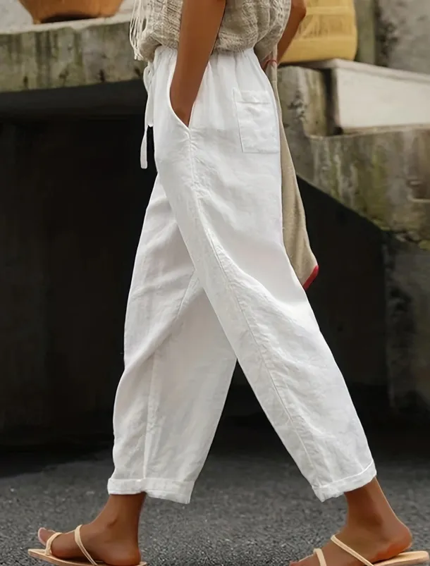 Women's Cotton Linen Shorts Linen-Inspired Pants Cotton Linen Pants Simple Classic & Timeless Full Length High Waist Solid Color Patchwork Pocket Drawstring Comfy Quick Dry Breathability Micro-elastic