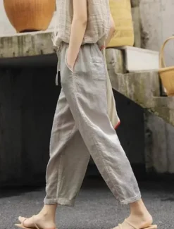 Women's Cotton Linen Shorts Linen-Inspired Pants Cotton Linen Pants Simple Classic & Timeless Full Length High Waist Solid Color Patchwork Pocket Drawstring Comfy Quick Dry Breathability Micro-elastic