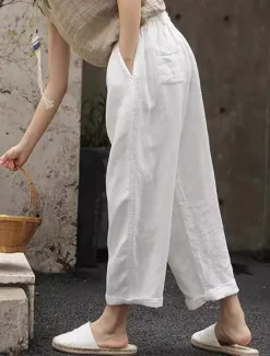 Women's Cotton Linen Shorts Linen-Inspired Pants Cotton Linen Pants Simple Classic & Timeless Full Length High Waist Solid Color Patchwork Pocket Drawstring Comfy Quick Dry Breathability Micro-elastic