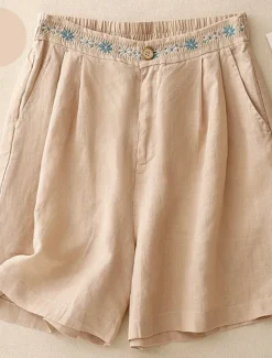 Women's Cotton Linen Shorts Shorts Slacks Casual Short Natural Flower Pocket Printing Comfy Comfortable Street Going out Sapphire Blue Dark Navy Purple Orange Summer Regular Fit