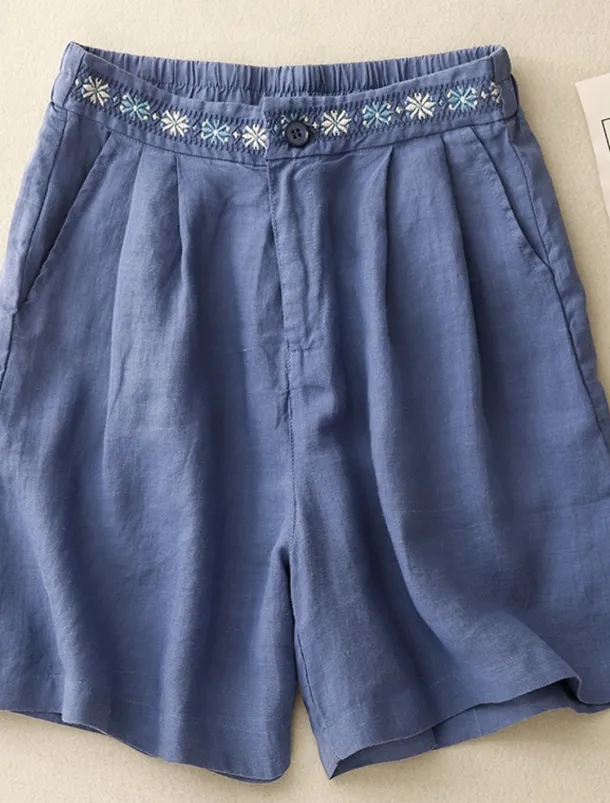 Women's Cotton Linen Shorts Shorts Slacks Casual Short Natural Flower Pocket Printing Comfy Comfortable Street Going out Sapphire Blue Dark Navy Purple Orange Summer Regular Fit