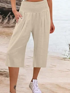 Women's Cotton Linen Shorts Linen-Inspired Pants Cotton Linen Pants Fashion Streetwear Basic Calf-Length High Waist Plain Pocket Elastic Waistband Comfort Outdoor Micro-elastic Vacation Street Daily
