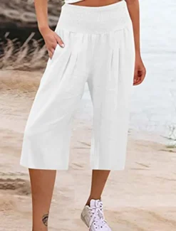 Women's Cotton Linen Shorts Linen-Inspired Pants Cotton Linen Pants Fashion Streetwear Basic Calf-Length High Waist Plain Pocket Elastic Waistband Comfort Outdoor Micro-elastic Vacation Street Daily