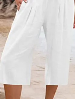 Women's Cotton Linen Shorts Linen-Inspired Pants Cotton Linen Pants Fashion Streetwear Basic Calf-Length High Waist Plain Pocket Elastic Waistband Comfort Outdoor Micro-elastic Vacation Street Daily