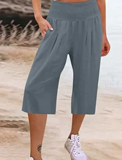 Women's Cotton Linen Shorts Linen-Inspired Pants Cotton Linen Pants Fashion Streetwear Basic Calf-Length High Waist Plain Pocket Elastic Waistband Comfort Outdoor Micro-elastic Vacation Street Daily