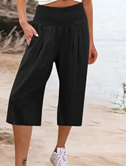 Women's Cotton Linen Shorts Linen-Inspired Pants Cotton Linen Pants Fashion Streetwear Basic Calf-Length High Waist Plain Pocket Elastic Waistband Comfort Outdoor Micro-elastic Vacation Street Daily