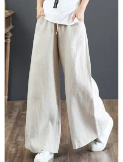 Women's Cotton Linen Shorts Linen-Inspired Pants Cotton Linen Pants Fashion Streetwear Full Length Natural Plain Pocket Elastic Drawstring Design Comfy Comfortable Street Going out Apricot Jacinth