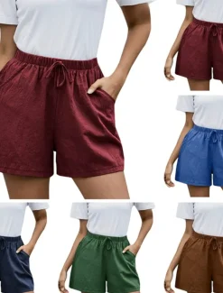 Women's Cotton Linen Shorts Shorts Fashion Streetwear Short Natural Plain Pocket Elastic Drawstring Design Comfy Outdoor Comfortable Street Daily Wear Going out Wine Dark Brown Army Green Dark Navy