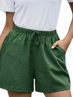 Women's Cotton Linen Shorts Shorts Fashion Streetwear Short Natural Plain Pocket Elastic Drawstring Design Comfy Outdoor Comfortable Street Daily Wear Going out Wine Dark Brown Army Green Dark Navy