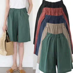 Women's Cotton Linen Shorts Wide Leg Shorts Fashion Knee Length Solid Color Side Pockets Wide Leg Comfort Inelastic Casual Daily Black Red Navy Blue Green Loose Fit
