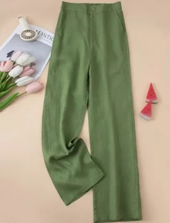 Women's Cotton Linen Wide Leg Chinos Ethnic Style Basic Casual Full Length Medium Waist Plain Pocket Comfort Outdoor Inelastic Causal Daily Black White Green Khaki Summer Spring Regular Fit