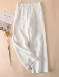 Women's Cotton Linen Wide Leg Chinos Ethnic Style Basic Casual Full Length Medium Waist Plain Pocket Comfort Outdoor Inelastic Causal Daily Black White Green Khaki Summer Spring Regular Fit