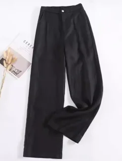 Women's Cotton Linen Wide Leg Chinos Ethnic Style Basic Casual Full Length Medium Waist Plain Pocket Comfort Outdoor Inelastic Causal Daily Black White Green Khaki Summer Spring Regular Fit