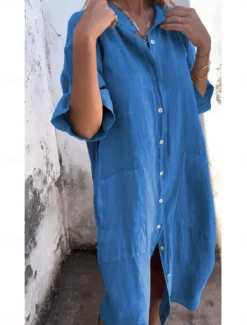 Women's Cotton Midi Dress Athletic Dress Casual Cocktail Office Date Regular Fit Plain Half Sleeve Shirt Collar Black Red Blue Orange Summer