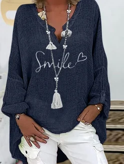 Women's Cotton Shirts Letter Basic Casual Long Sleeve V Neck Regular Tops Daily Print Black Navy Blue Sky Blue Summer Spring Fall