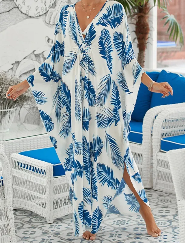 Women's Cover Up Graphic Leaf Print V Neck Long Dress Maxi Dress Hawaiian Vacation Beach 3/4 Length Sleeve Summer