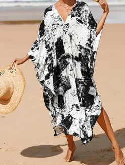Women's Cover Up Graphic Leaf Print V Neck Long Dress Maxi Dress Hawaiian Vacation Beach 3/4 Length Sleeve Summer